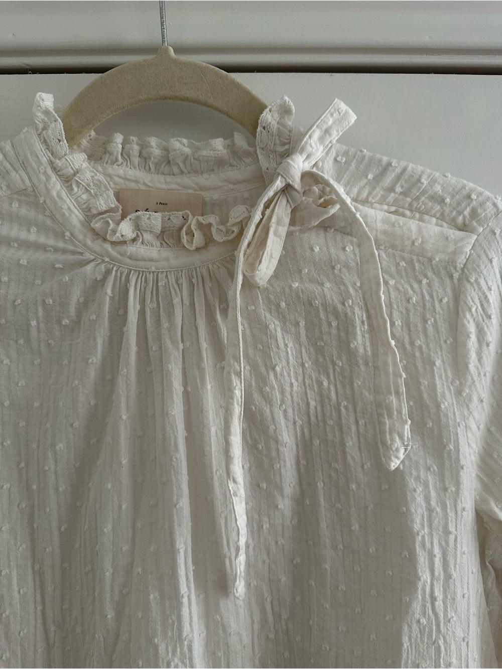 Sezane Swiss Dot Ruffle Neck Long-Sleeve Top - Picture 2 of 7